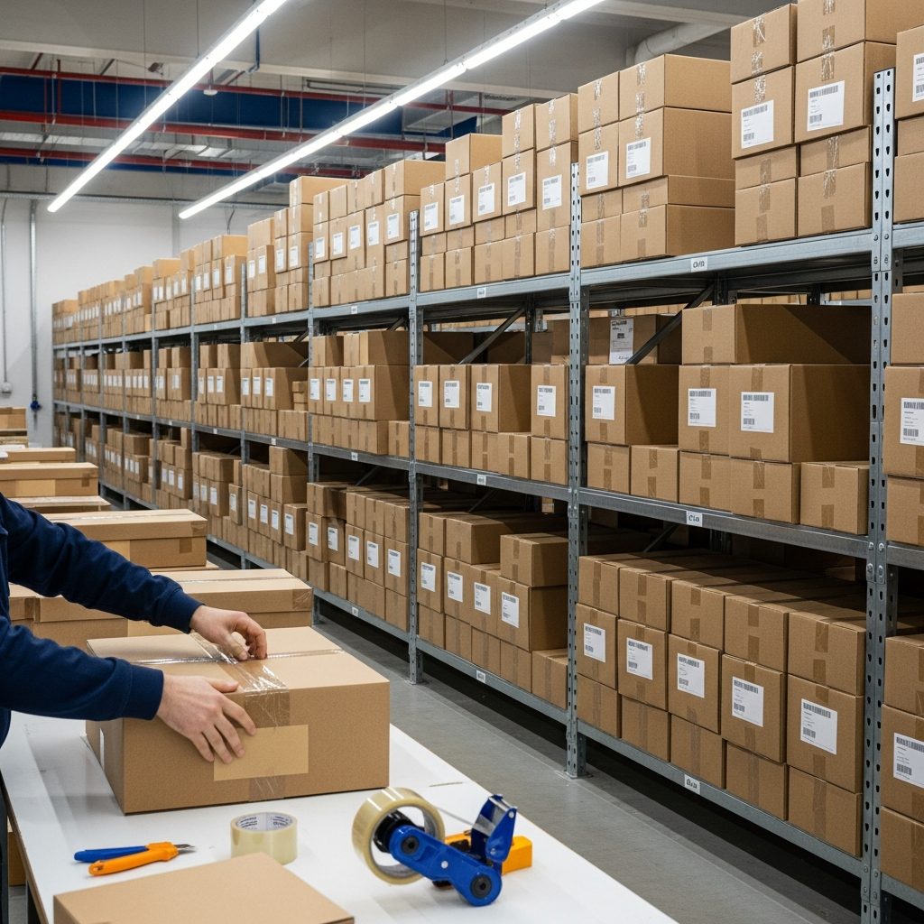 Lojistik / paketleme alanı — karton kutu sevkiyat