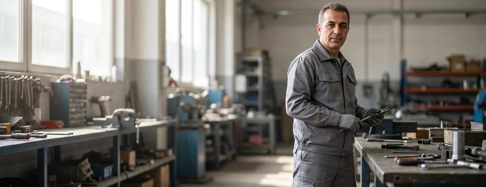 Mekanik atölyede gri iş ceketi giyen teknik personel