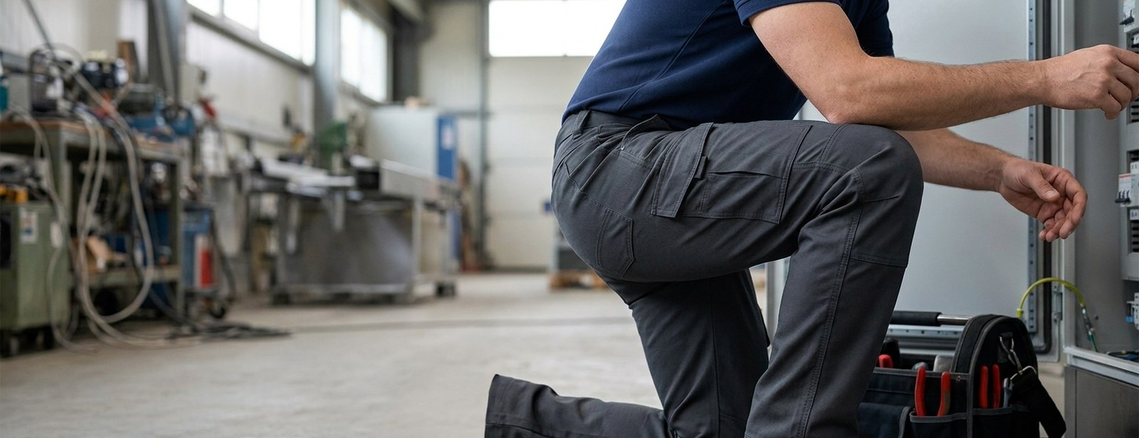 Gri gabardin teknik iş pantolonu giyen çalışan — kargo cepli dayanıklı iş pantolonu detayı
