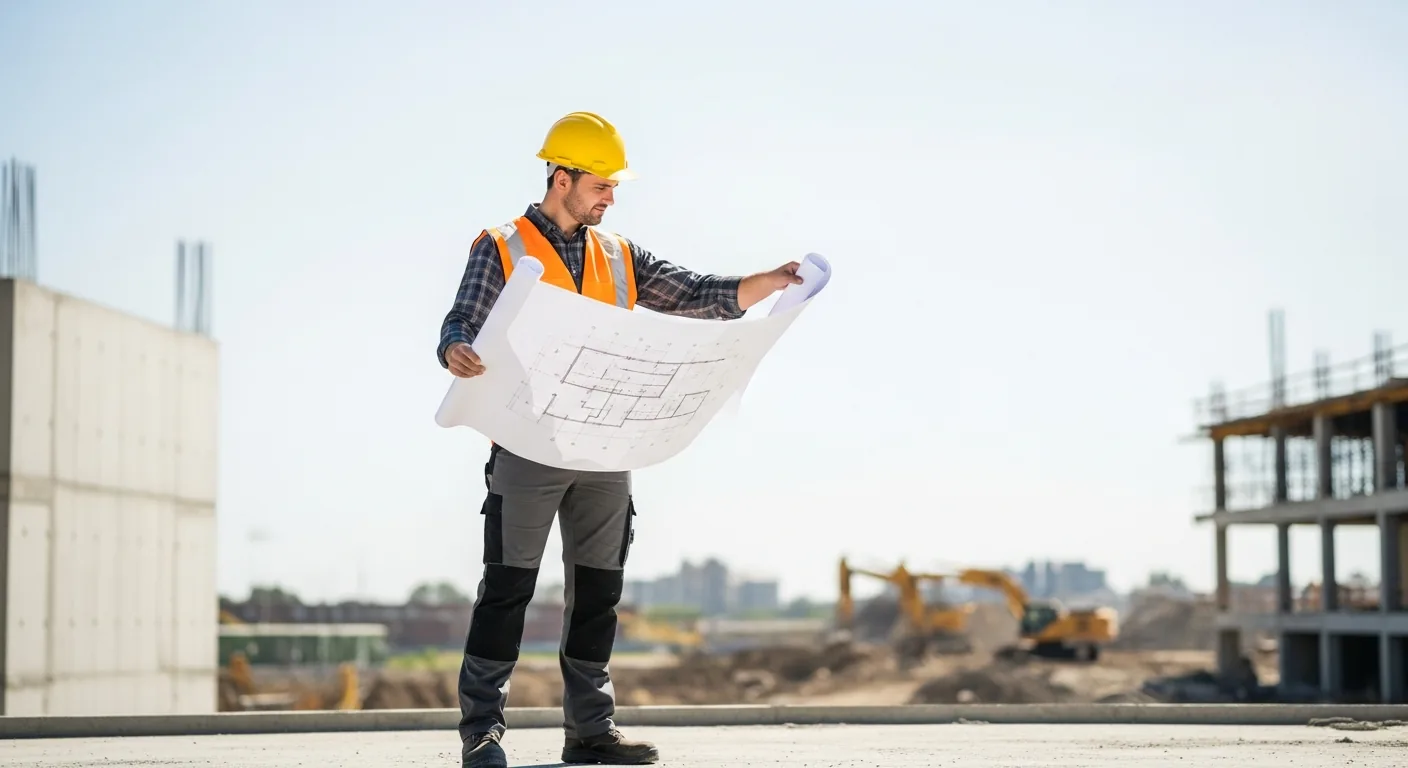 İnşaat şantiyesinde sarı baretli, turuncu reflektörlü yelek ve dizlikli iş pantolonu giyen saha mühendisi proje planını inceliyor