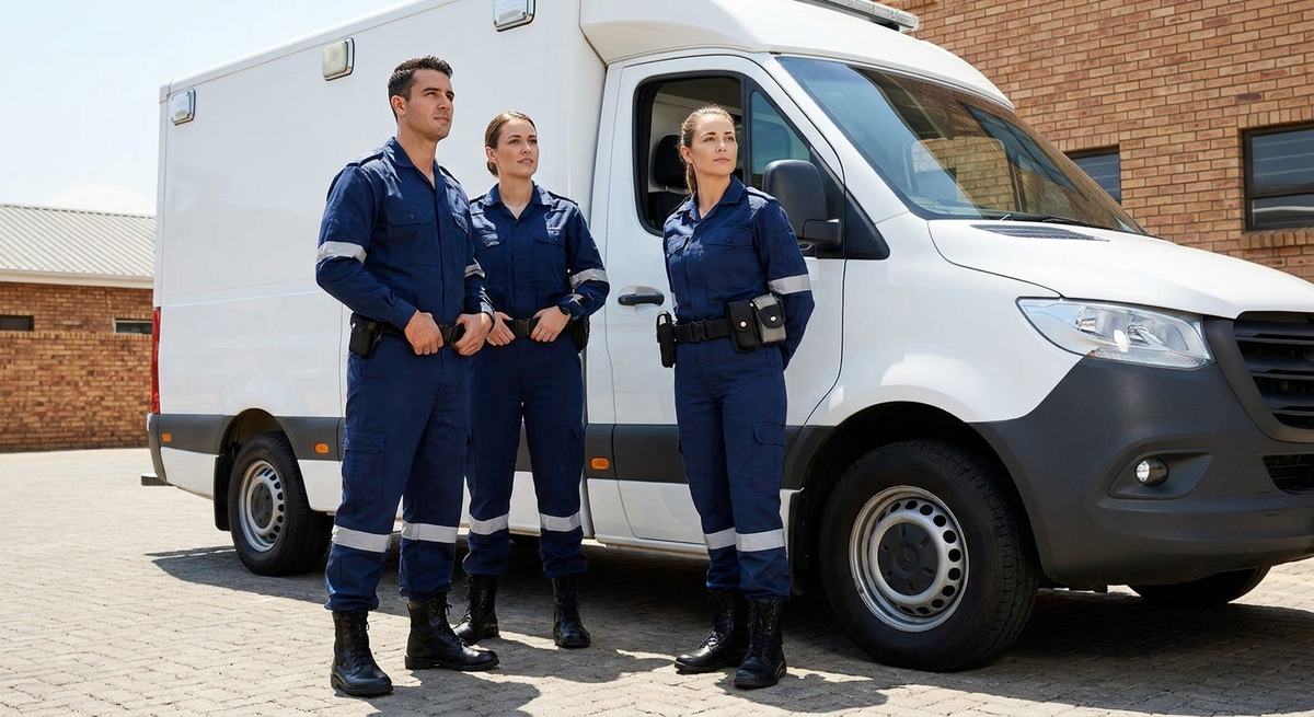 112 Acil Üniformaları Üç ambulans personeli lacivert 112 acil üniformasıyla beyaz ambulansın önünde