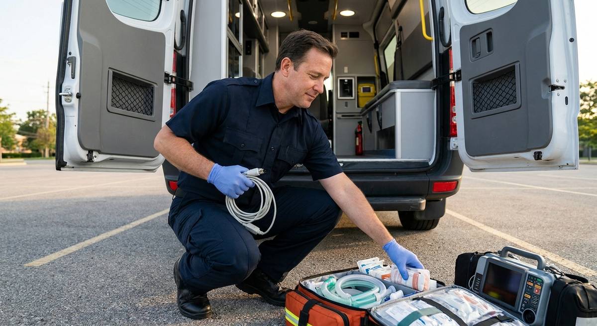 112 Acil Üniformaları Ambulans personeli lacivert 112 acil üniformasıyla açık ambulans kapısında tıbbi ekipman hazırlıyor