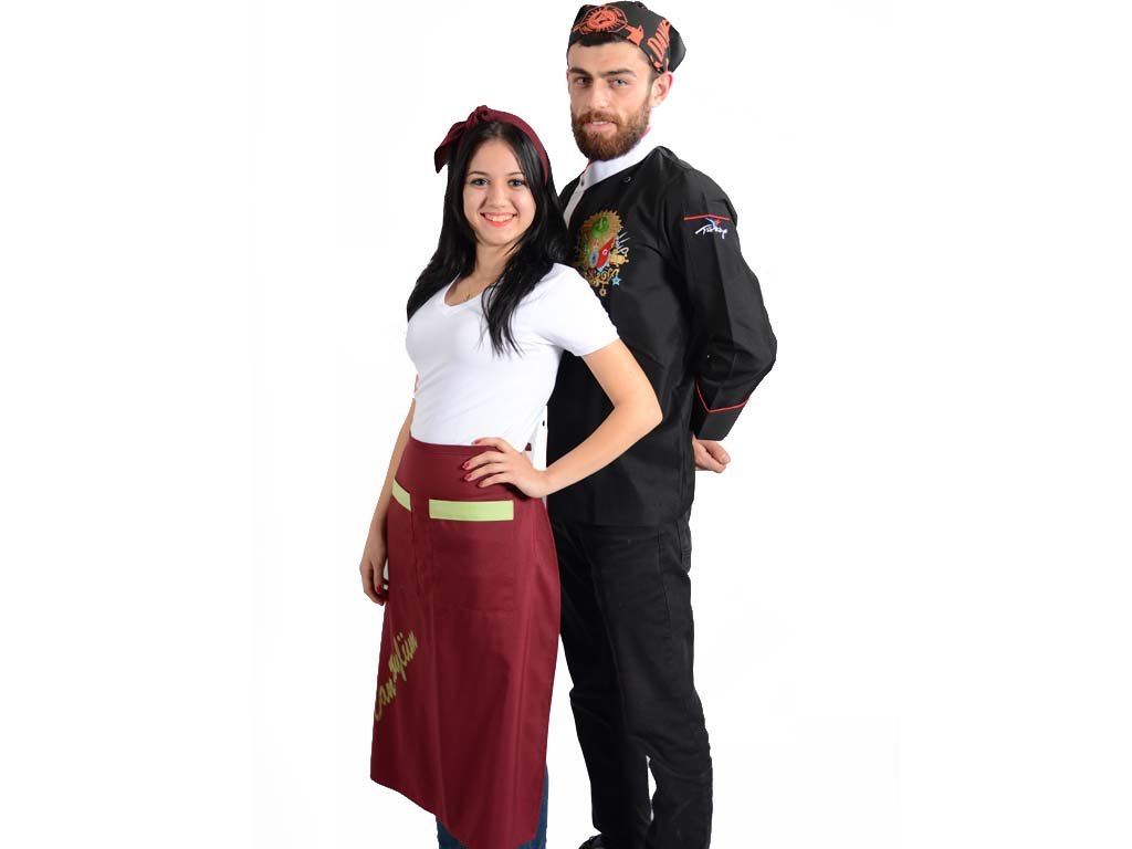 Bay ve bayan aşçı takımı, bordo belden önlük ile