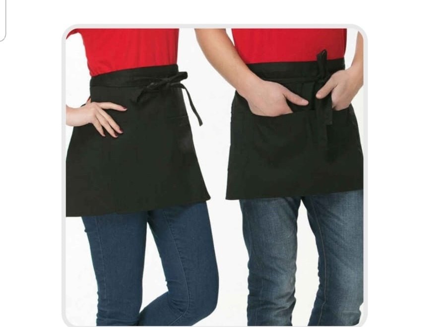 Kırmızı ve siyah belden garson önlüğü, geniş ön cepli