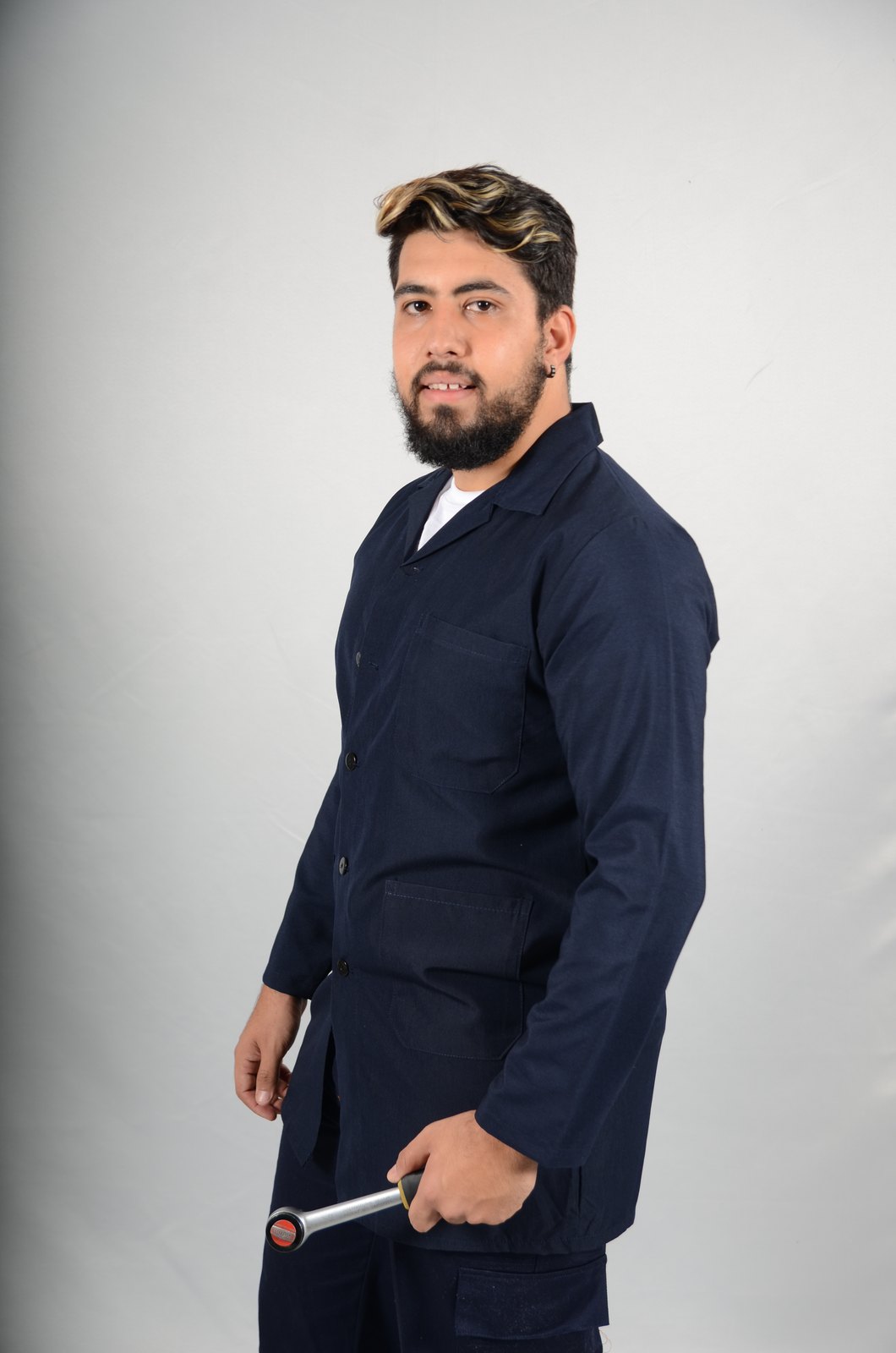 Yırtmaçlı siyah denim kasap önlüğü, diz altı boy