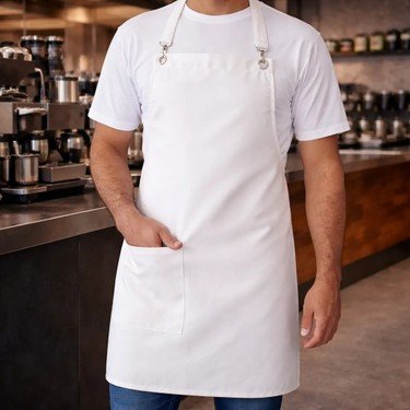 Beyaz boydan şef önlüğü — barista tezgâhında — İLKETEKS toptan imalat ve siparişe özel üretim