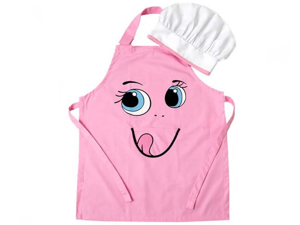 Pembe kişiye özel çocuk mutfak önlüğü, şef şapkası ile