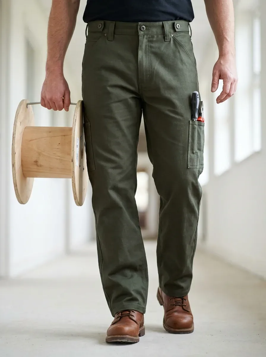 Haki yeşil elektrikçi iş pantolonu, elinde boş ahşap kablo makarasını metal çubuğundan taşıyan çalışan, uyluk cebinde tornavida, kahverengi bot, aydınlık koridorda bel altı görünüm