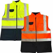 Neon sarı ve turuncu ikaz yelekleri — lacivert bloklu, reflektif bantlı