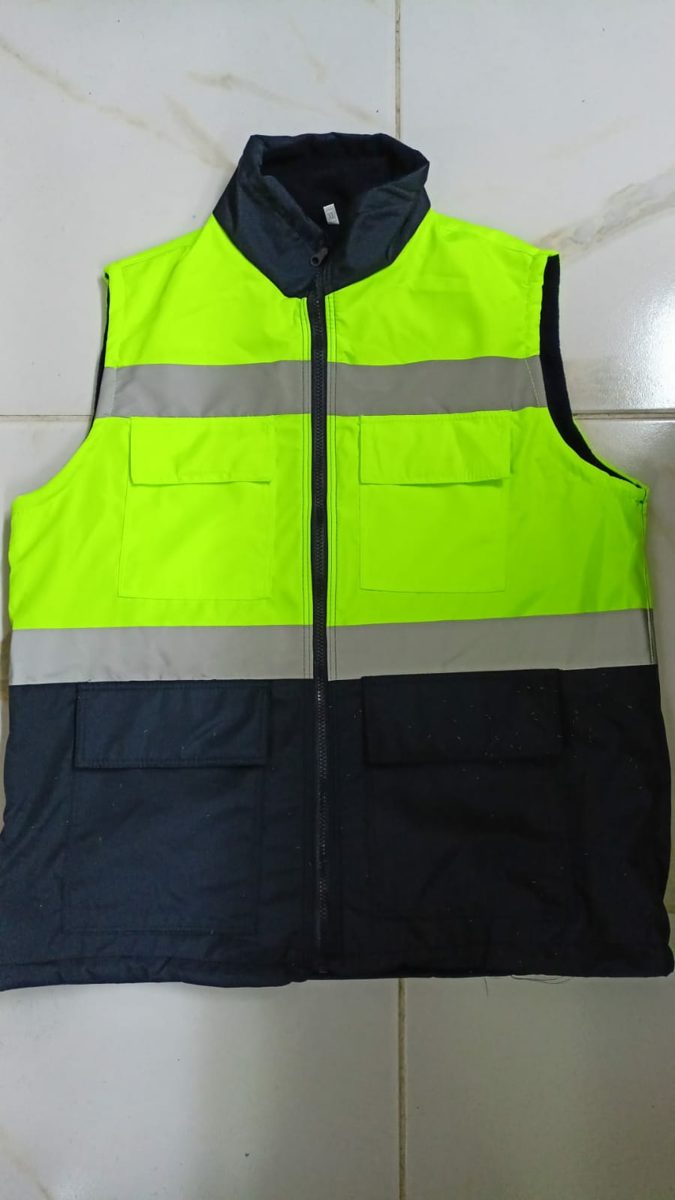 Neon sarı-lacivert ikaz yeleği — kapitone, fermuarlı