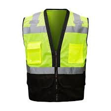 Gri ikaz yeleği — neon yeşil şeritli, çok cepli Gri ikaz yeleği — neon yeşil şeritli, çok cepli — İLKETEKS toptan imalat