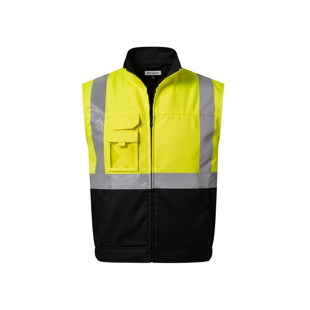 Neon sarı-lacivert ikaz yeleği — reflektif bantlı, fermuarlı Neon sarı-lacivert ikaz yeleği — reflektif bantlı, fermuarlı — İLKETEKS toptan imalat