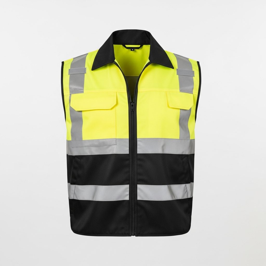 Neon sarı ikaz yeleği — fermuarlı, reflektif bantlı Neon sarı ikaz yeleği — fermuarlı, reflektif bantlı — İLKETEKS toptan imalat