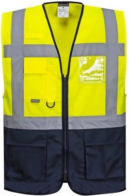 Neon sarı mühendis tipi ikaz yeleği — fermuarlı, reflektif bantlı