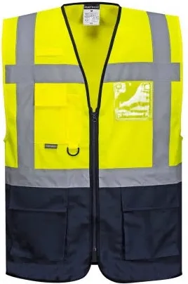 Neon sarı mühendis tipi ikaz yeleği — fermuarlı, reflektif bantlı