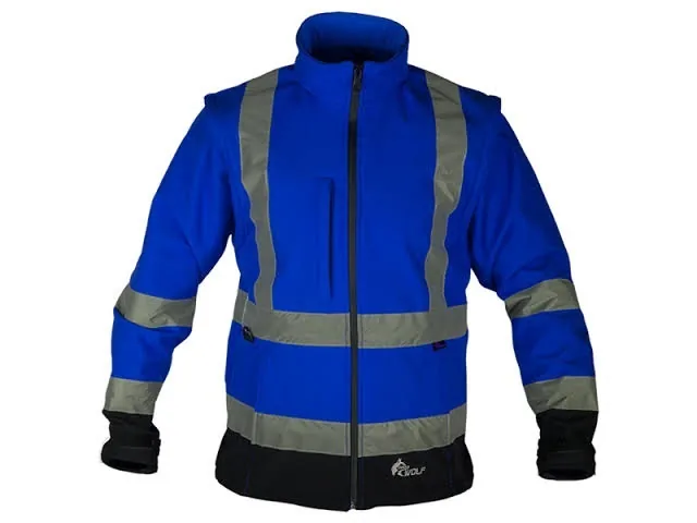 Mavi yüksek görünürlüklü reflektörlü softshell iş ceketi