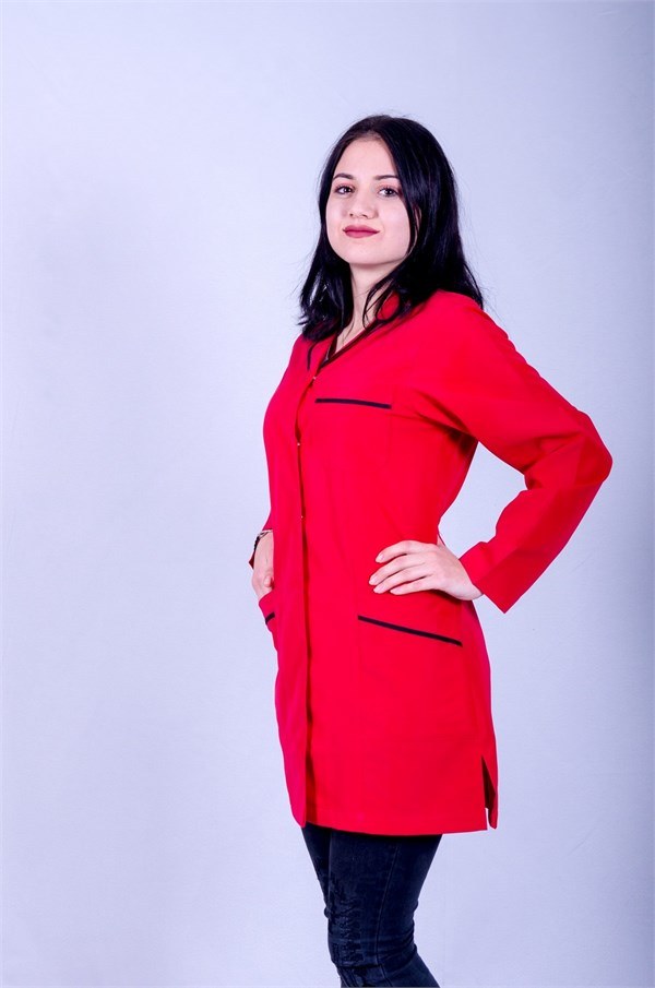 Kırmızı tunik önlük — kadın, uzun kollu