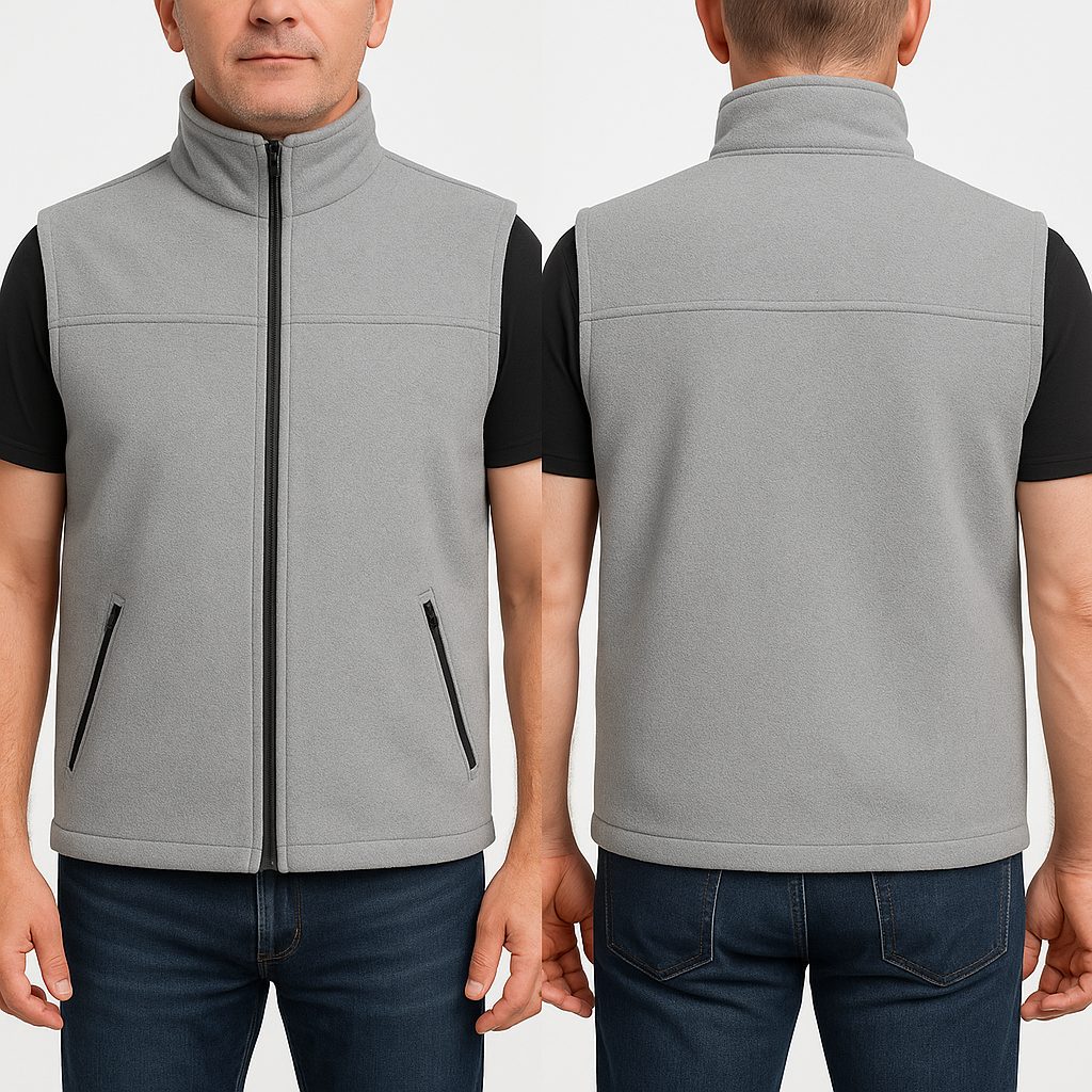 Gri softshell iş yeleği — model üstünde, fermuarlı Gri softshell iş yeleği — model üstünde, fermuarlı — İLKETEKS toptan imalat