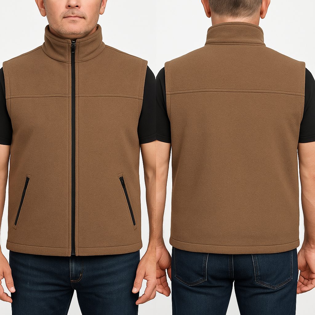 Kahverengi softshell iş yeleği — model üstünde, fermuarlı Kahverengi softshell iş yeleği — model üstünde, fermuarlı — İLKETEKS toptan imalat