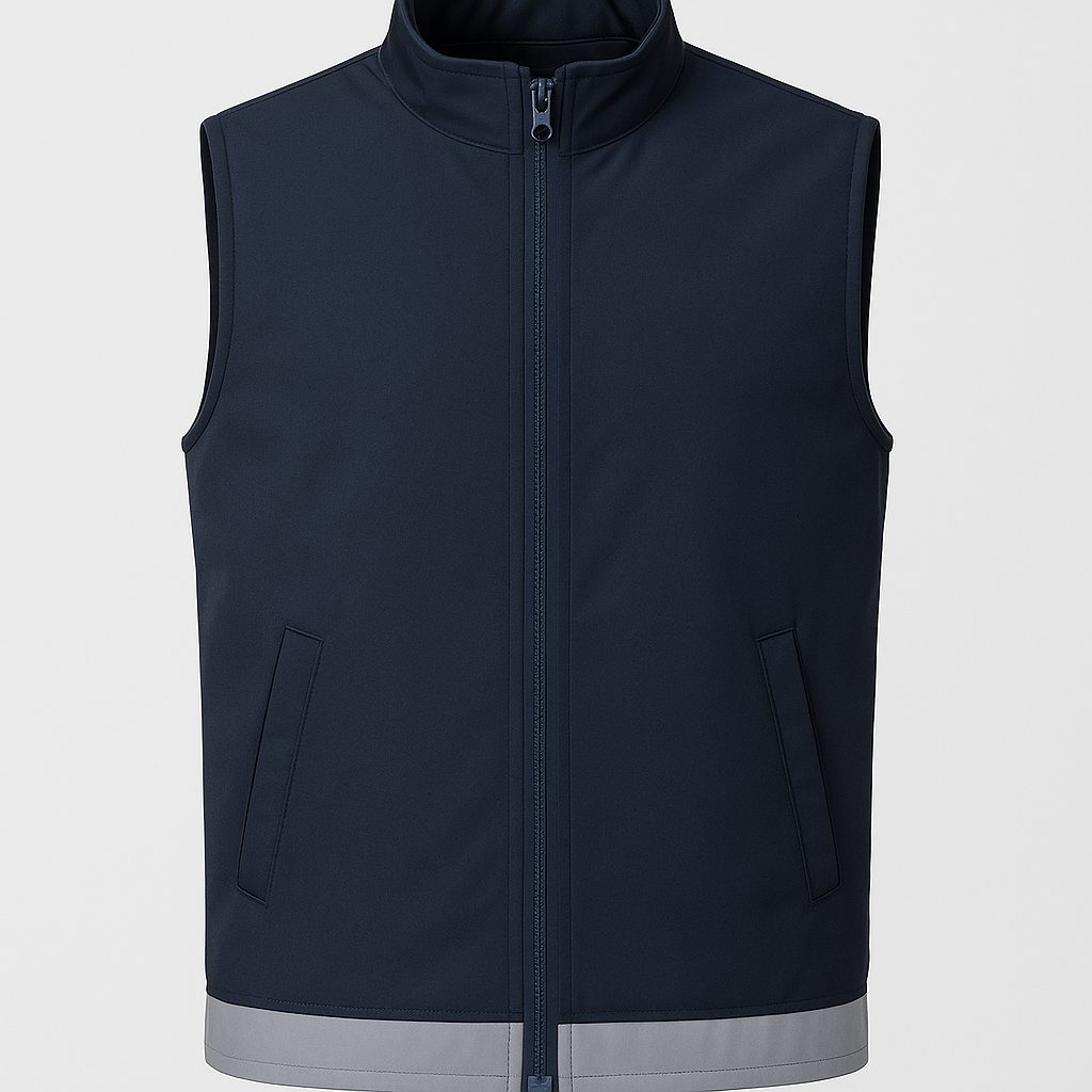 Lacivert softshell iş yeleği — fermuarlı, dik yaka Lacivert softshell iş yeleği — fermuarlı, dik yaka — İLKETEKS toptan imalat