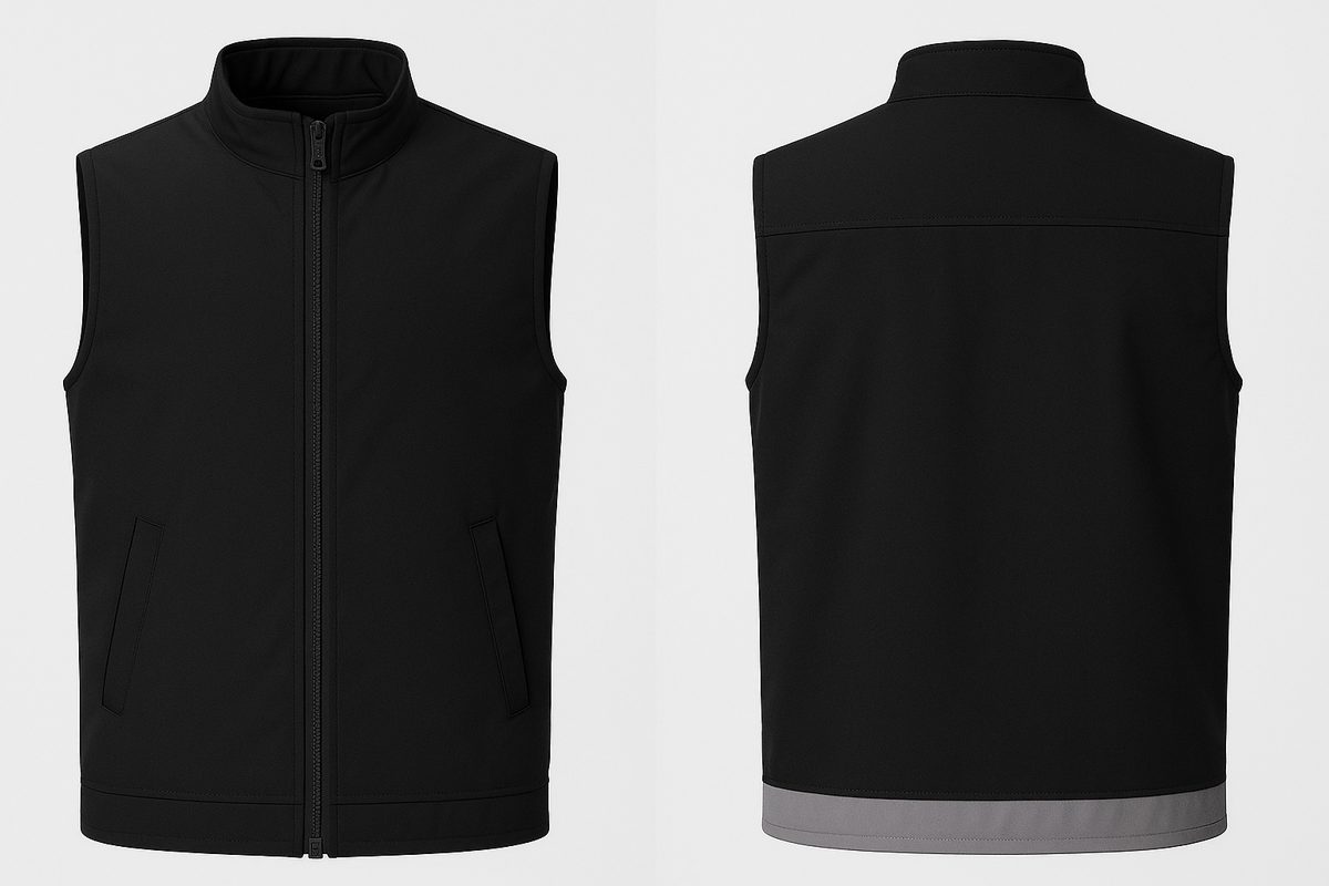 Siyah softshell iş yeleği — ön ve arka görünüm Siyah softshell iş yeleği — ön ve arka görünüm — İLKETEKS toptan imalat