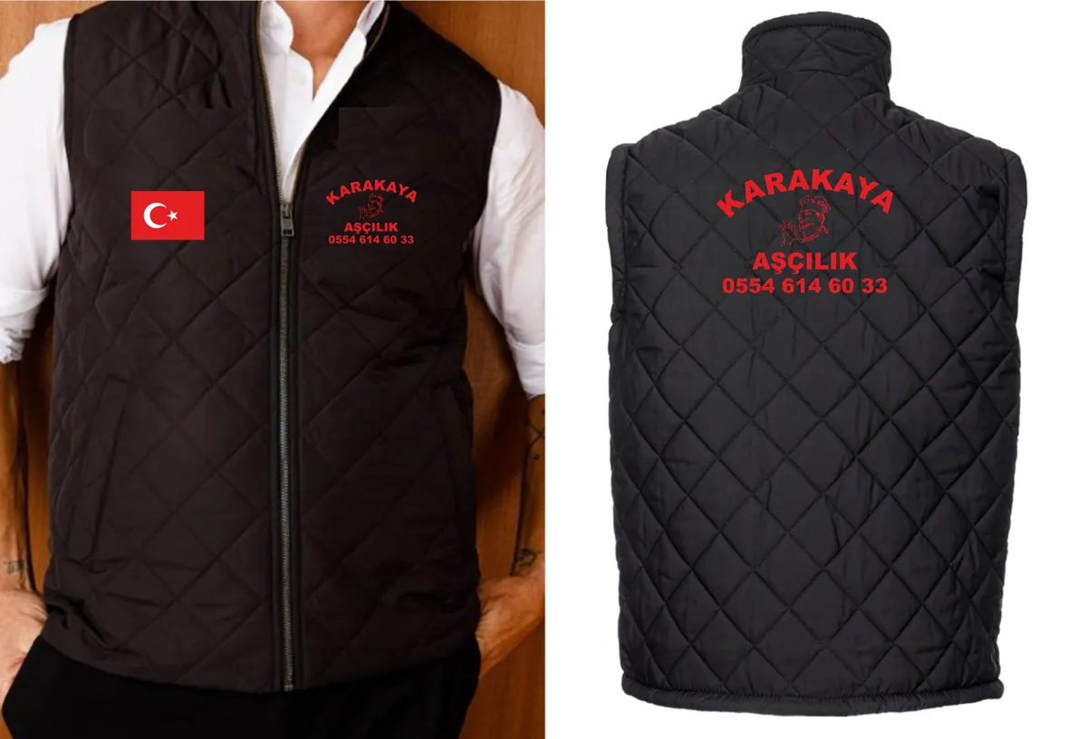 Saks mavi mühendis tipi iş yeleği — fermuarlı, V yaka