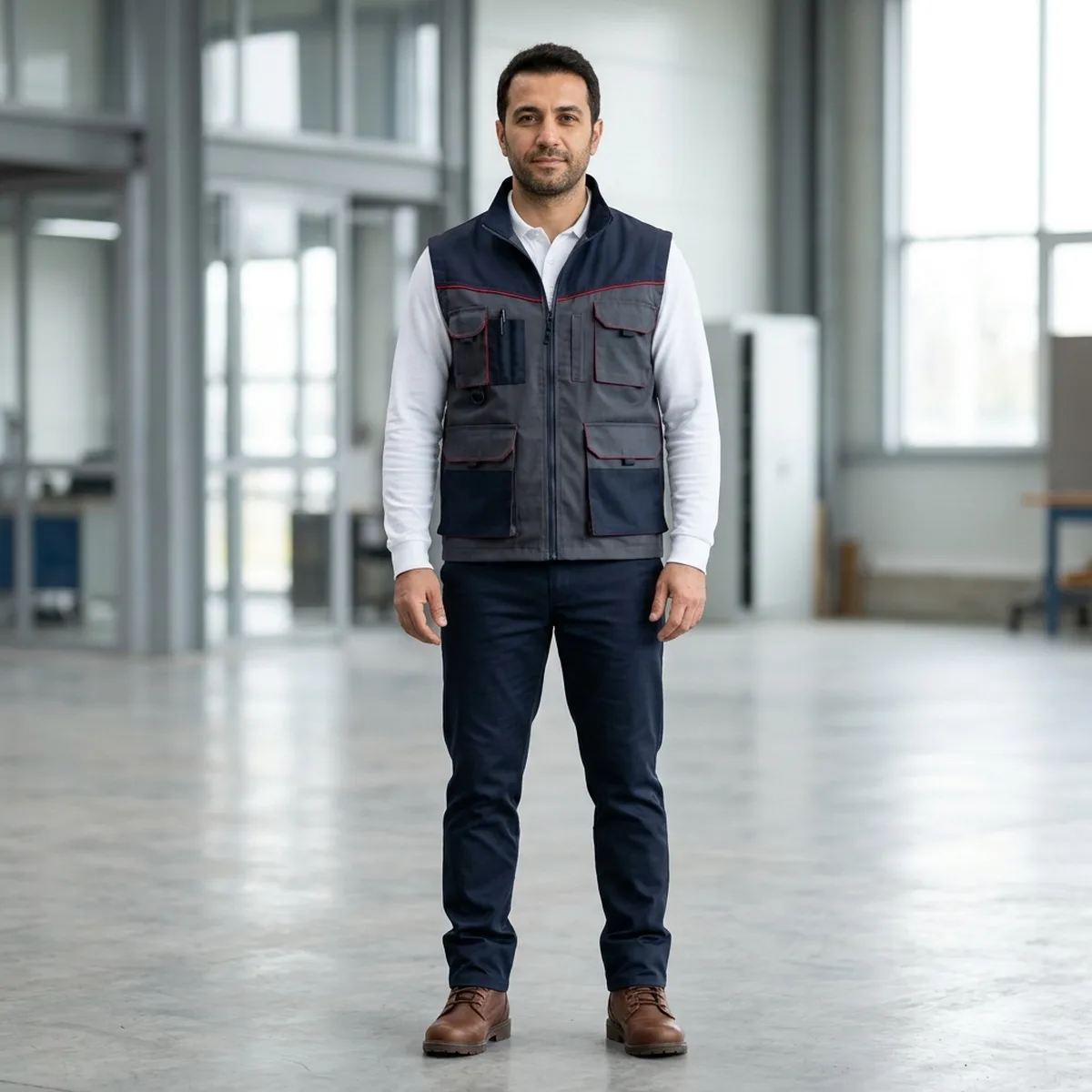 Siyah kapitone iş yeleği — arka görünüm, dik yaka İş yeleği giyen çalışan (temsili görsel)