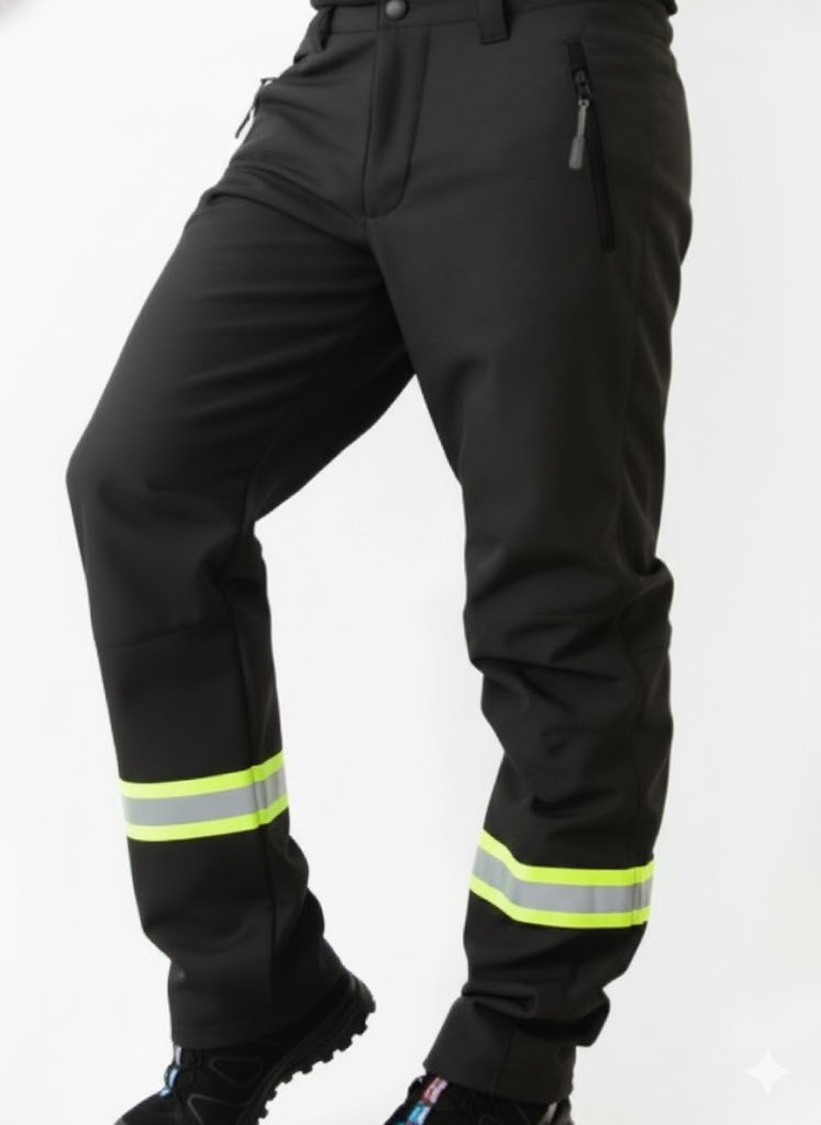 Siyah softshell iş pantolonu — neon biyeli — İLKETEKS toptan imalat ve siparişe özel üretim