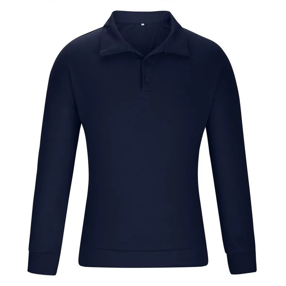Lacivert polo yaka sweatshirt, mankensiz düz ürün çekimi; iki düğmeli pat, ribana yaka ve etek ucunda nakış detayı