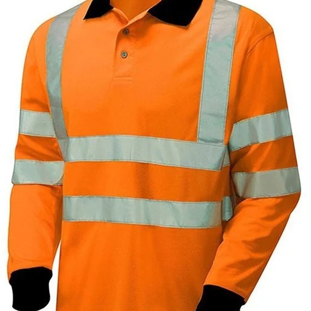 Turuncu yüksek görünürlüklü polo yaka sweatshirt, gri reflektör bantlı; lacivert yaka ve manşet