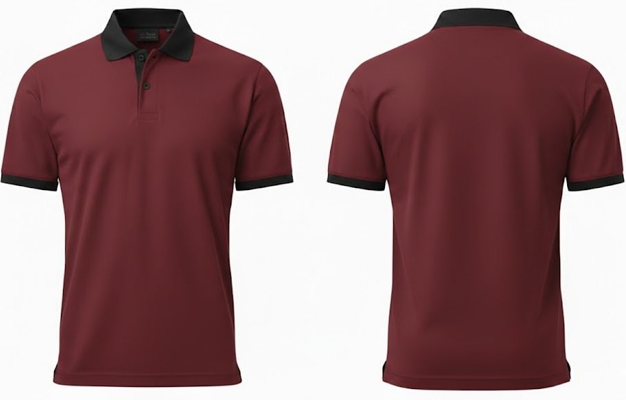 Bordo polo yaka tişört — siyah yaka detaylı, ön ve arka görünüm