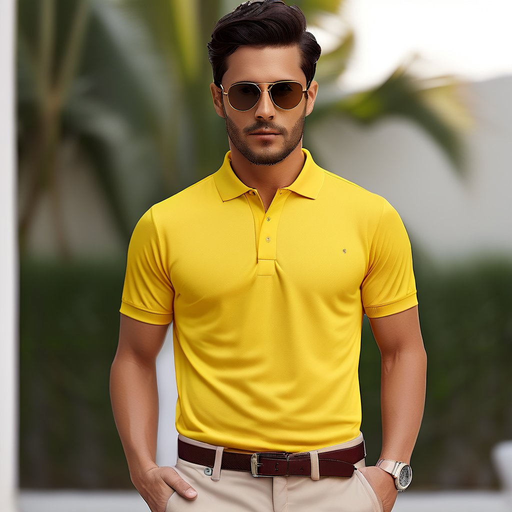 Sarı polo yaka tişört — açık havada erkek model