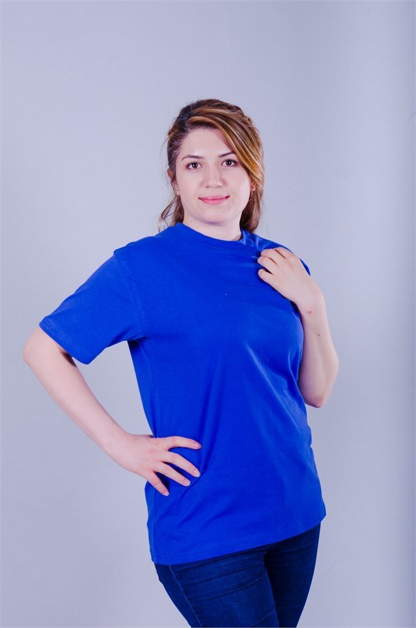 Düz saks mavi promosyon tişört; %100 penye pamuk, yuvarlak yaka kısa kol, logo baskı ve nakışa uygun. MOQ 10, S-4XL.