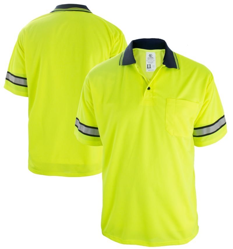 Sarı hi-vis polo tişört — kollarda reflektif bant, ön ve arka görünüm — İLKETEKS toptan imalat