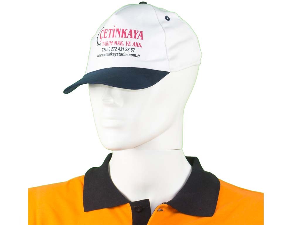 Beyaz-lacivert baskılı şapka Beyaz-lacivert baskılı şapka — İLKETEKS toptan üretim