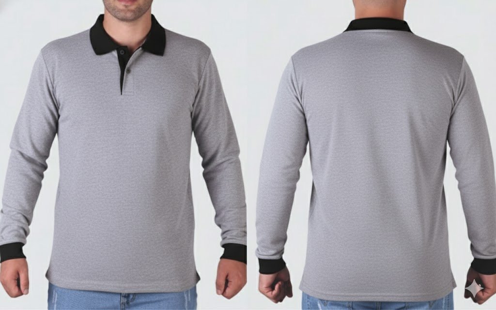Gri uzun kollu polo — siyah yaka ve pat detayı — İLKETEKS toptan imalat