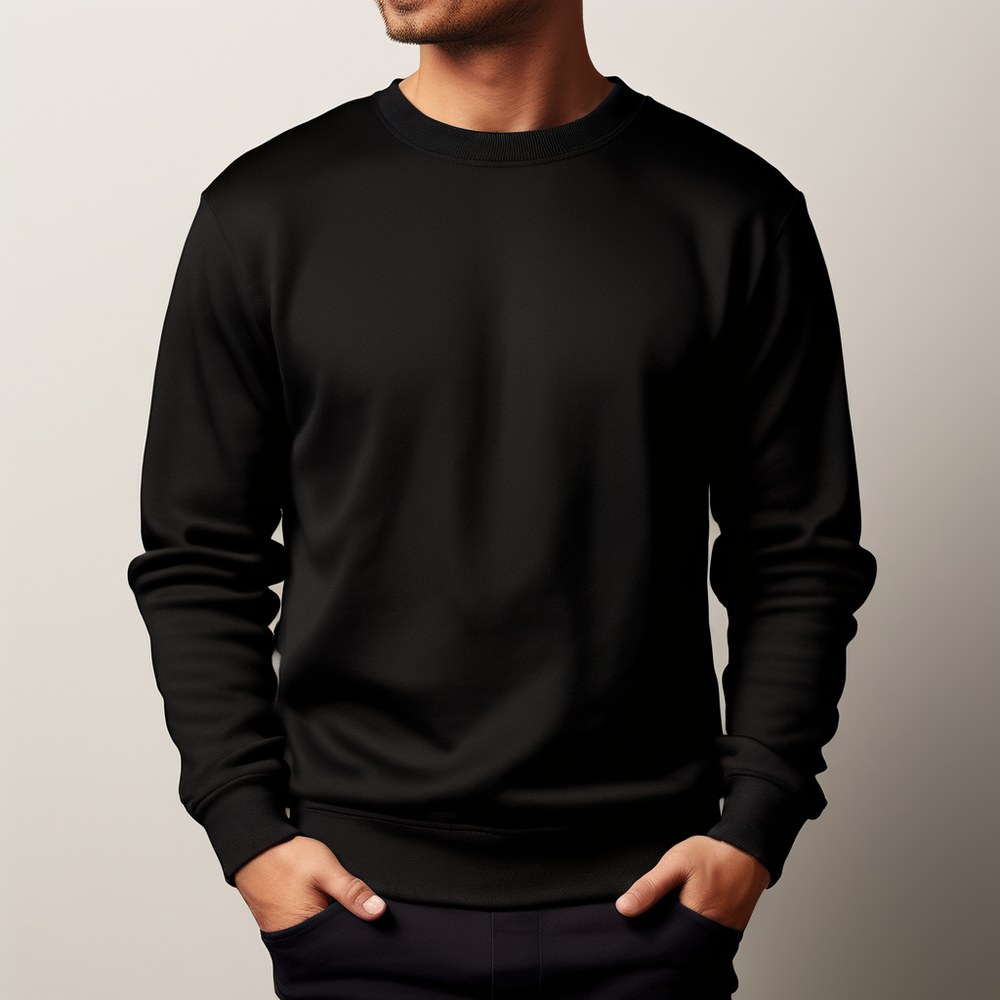 Siyah yuvarlak yaka sweatshirt, model üzerinde önden görünüm; eller cepte, ribana manşet ve etek bandı