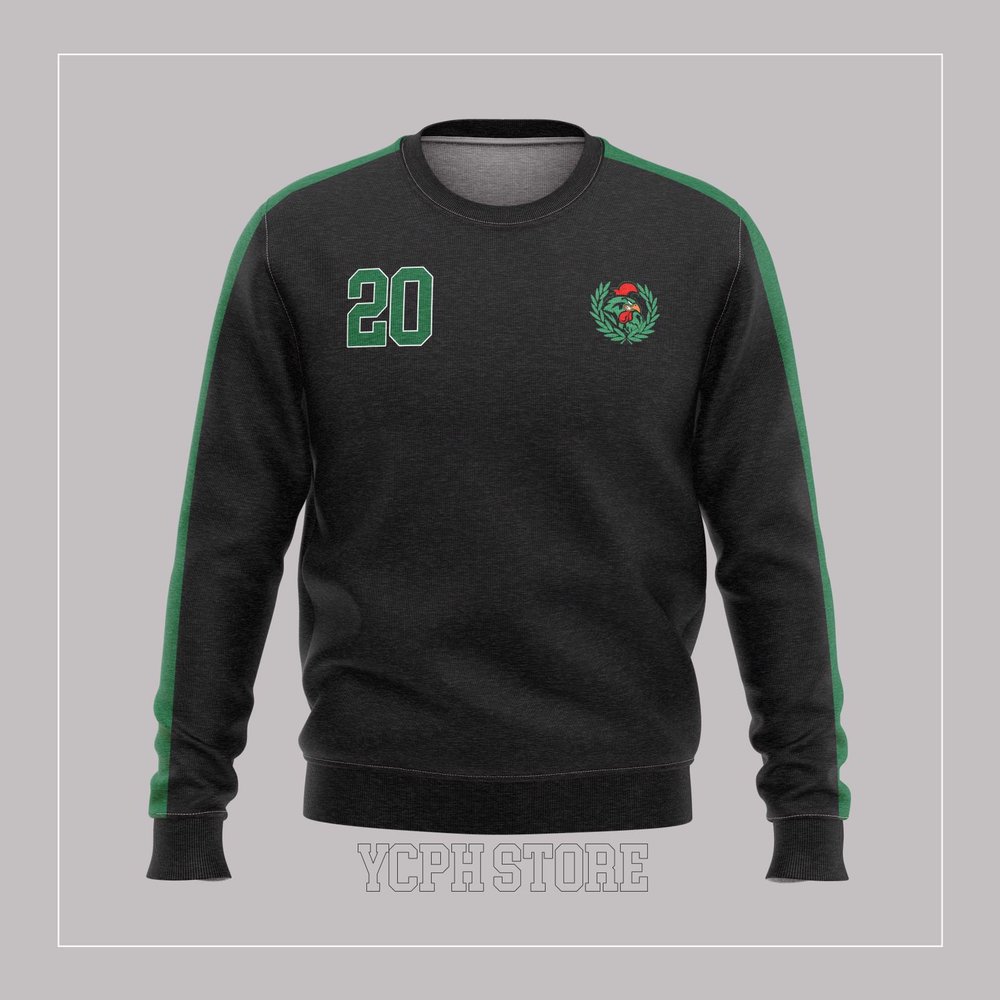 Yuvarlak yaka sweatshirt modeli 15 — siyah-yeşil şeritli takım nakışlı, İLKETEKS toptan imalat