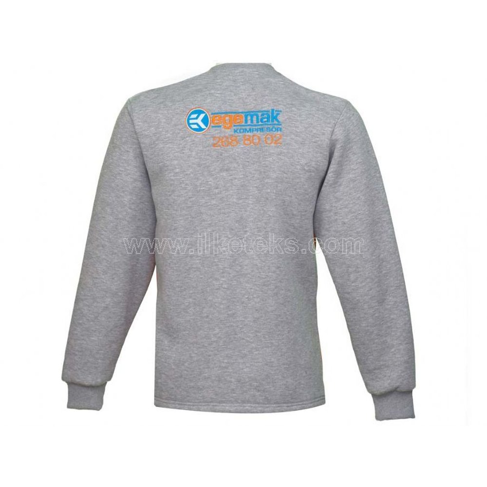 Yuvarlak yaka sweatshirt modeli 19 — gri melanj sırtı kurumsal logo baskılı, İLKETEKS toptan imalat