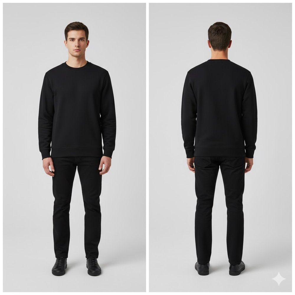 Yuvarlak yaka sweatshirt modeli 38 — siyah model üzerinde boy görünüm, İLKETEKS toptan imalat