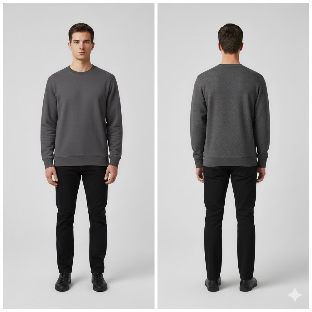 Yuvarlak yaka sweatshirt modeli 39 — gri model üzerinde boy görünüm, İLKETEKS toptan imalat