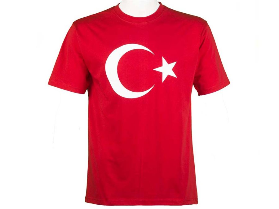 Kırmızı ay-yıldız baskılı yuvarlak yaka tişört — İLKETEKS toptan imalat